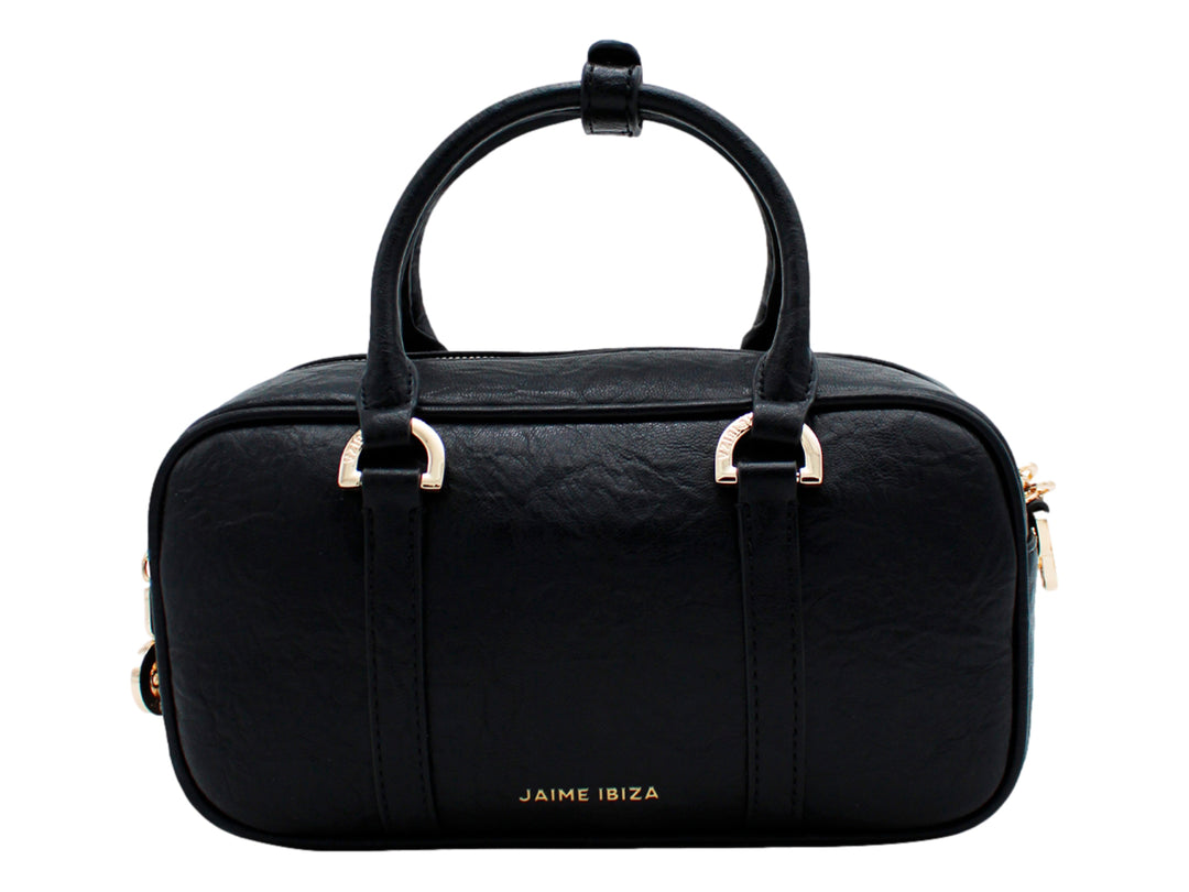 Bolso negro de Jaime Ibiza con asas superiores, correa ajustable y detalles metálicos dorados.