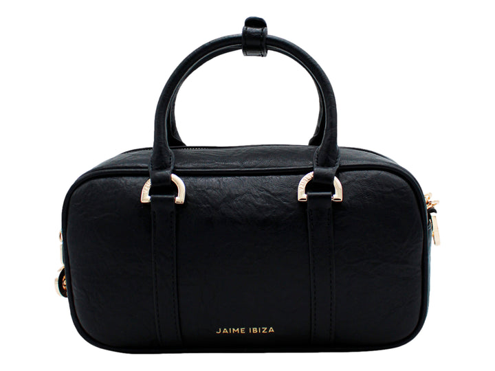 Bolso negro de Jaime Ibiza con asas superiores, correa ajustable y detalles metálicos dorados.