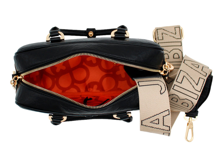 Bolso negro de Jaime Ibiza con asas superiores, correa ajustable y detalles metálicos dorados.