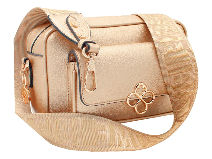 Bolso bandolera Jaime Ibiza en color oro con acabado brillante, cierre superior y detalle metálico frontal.