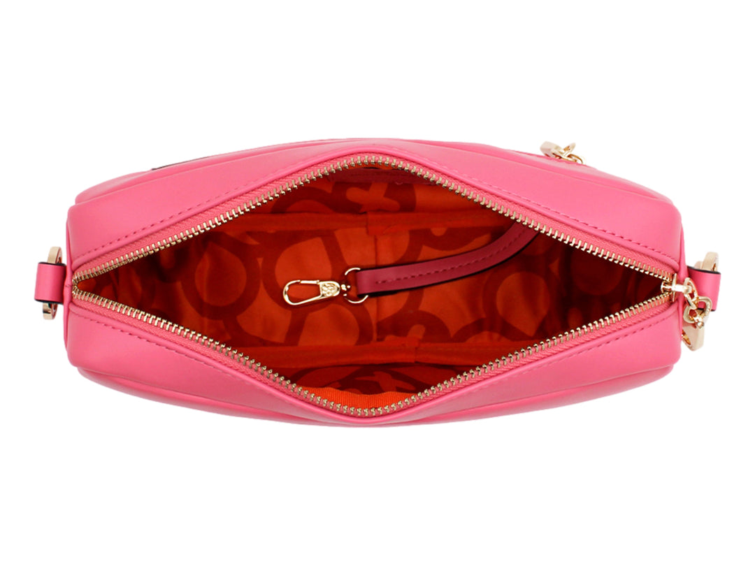 Bolso pequeño de color rosa con correa ajustable y detalles dorados de la marca Jaime Ibiza.