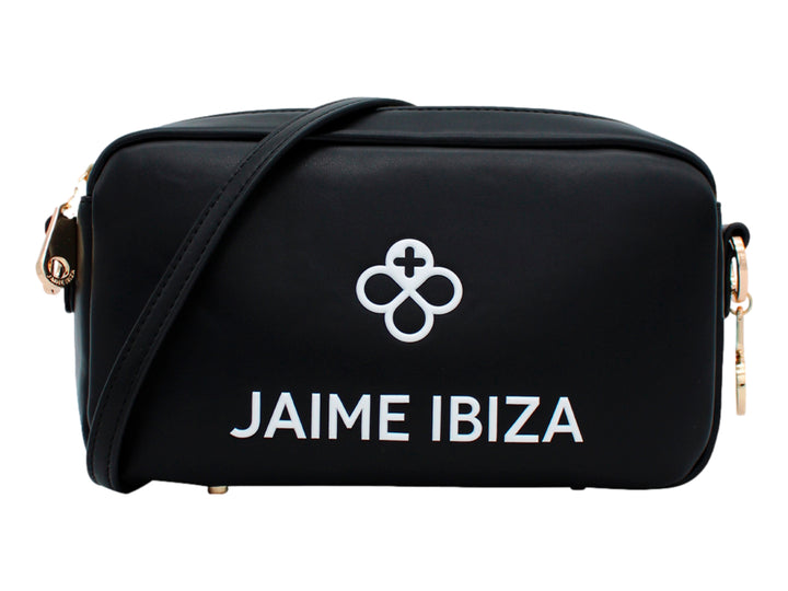 Bolso bandolera negro de Jaime Ibiza con logotipo blanco frontal y detalles metálicos en color dorado.