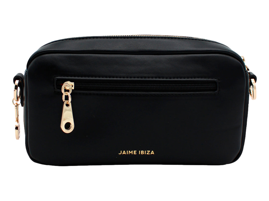 Bolso bandolera negro de Jaime Ibiza con logotipo blanco frontal y detalles metálicos en color dorado.