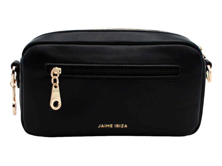 Bolso bandolera negro de Jaime Ibiza con logotipo blanco frontal y detalles metálicos en color dorado.