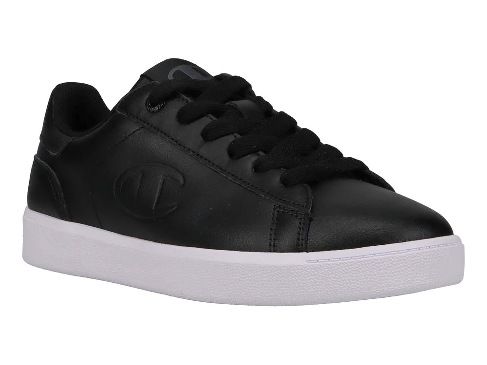Tenis Champion para niños en color negro con suela blanca y cierre de cordones.