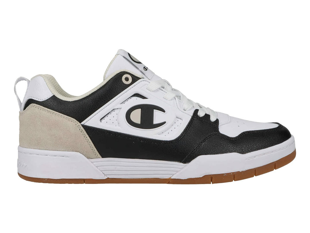 Tenis Champion 5 on 5 Lo en colores blanco, negro y beige con suela de goma color caramelo.