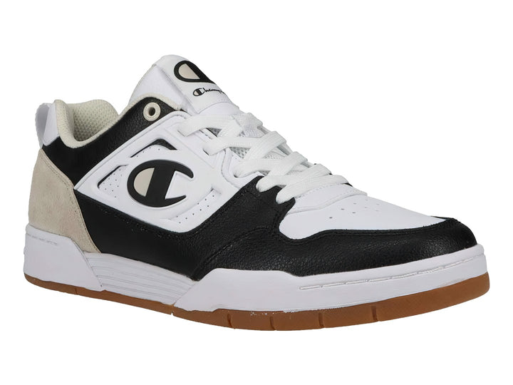 Tenis Champion 5 on 5 Lo en colores blanco, negro y beige con suela de goma color caramelo.