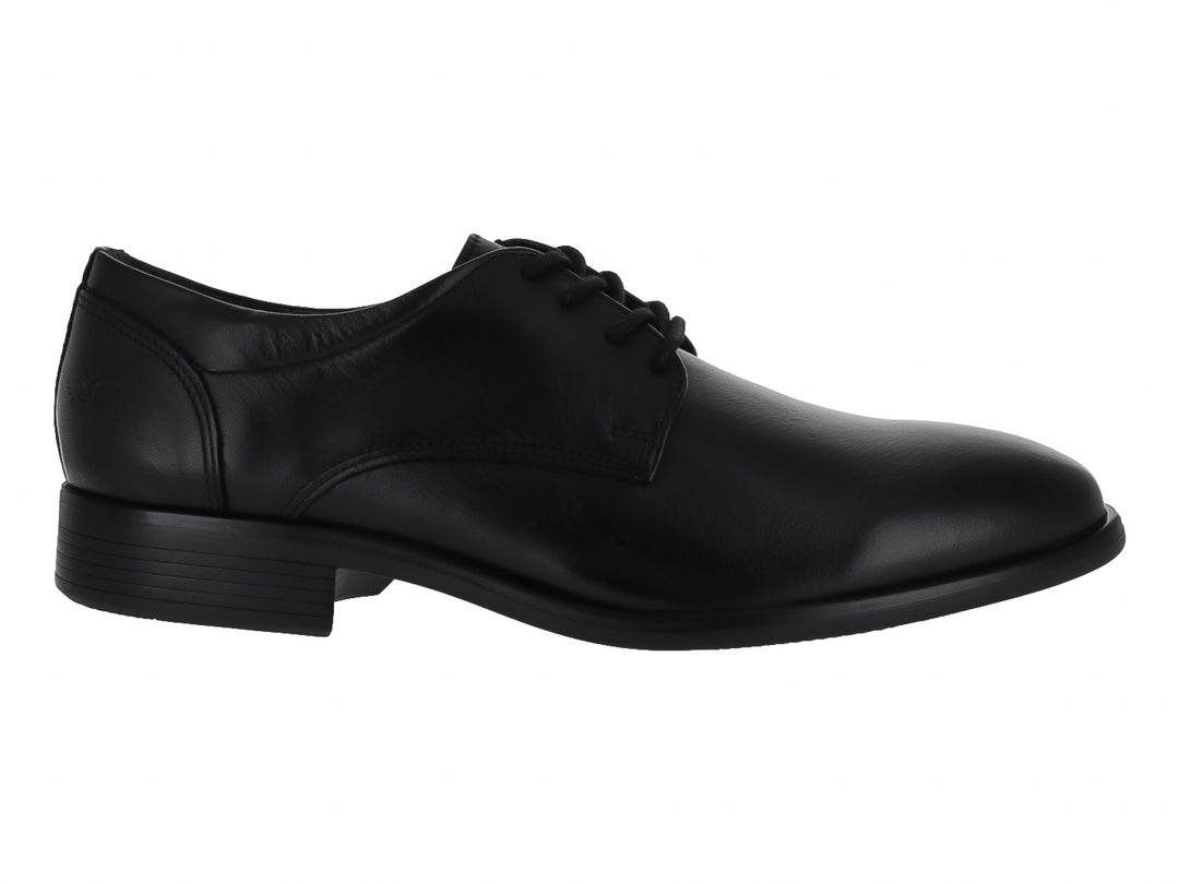Zapato formal de cuero color negro con cordones y suela plana para hombre.