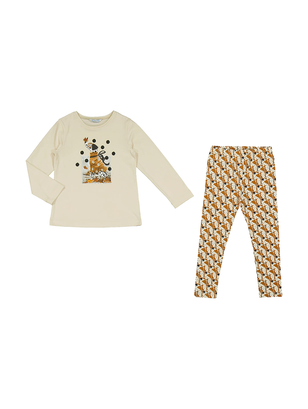 Conjunto de ropa Mayoral color garbanzo compuesto por camiseta manga larga con dibujo y leggings estampados.