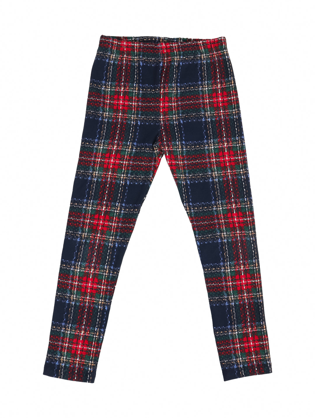 Conjunto para niña Mayoral compuesto por camiseta guinda con estampado y leggings a cuadros en azul marino y guinda.