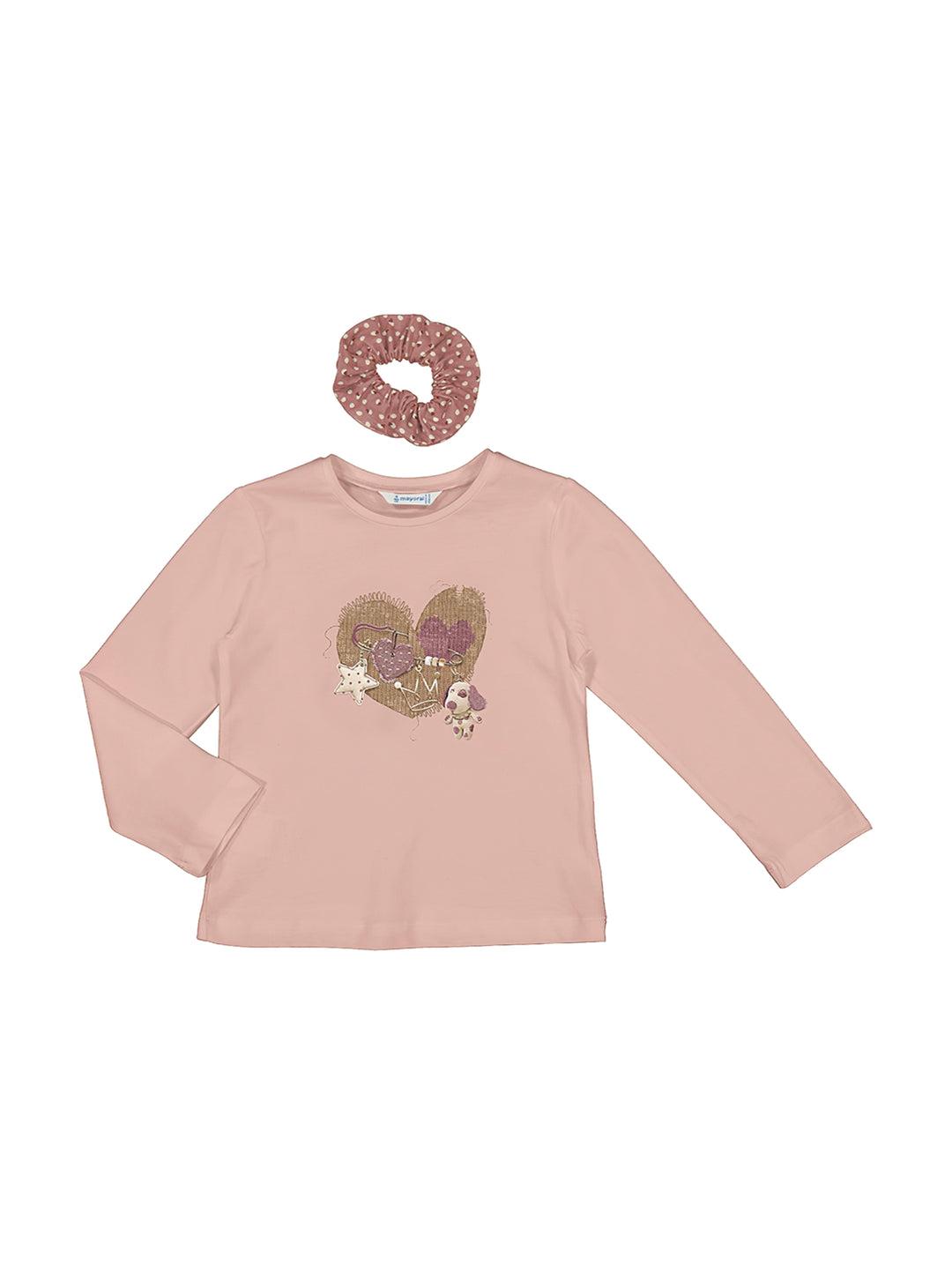 Camiseta rosada de manga larga con diseño de corazón brillante y coletero a juego para niña.