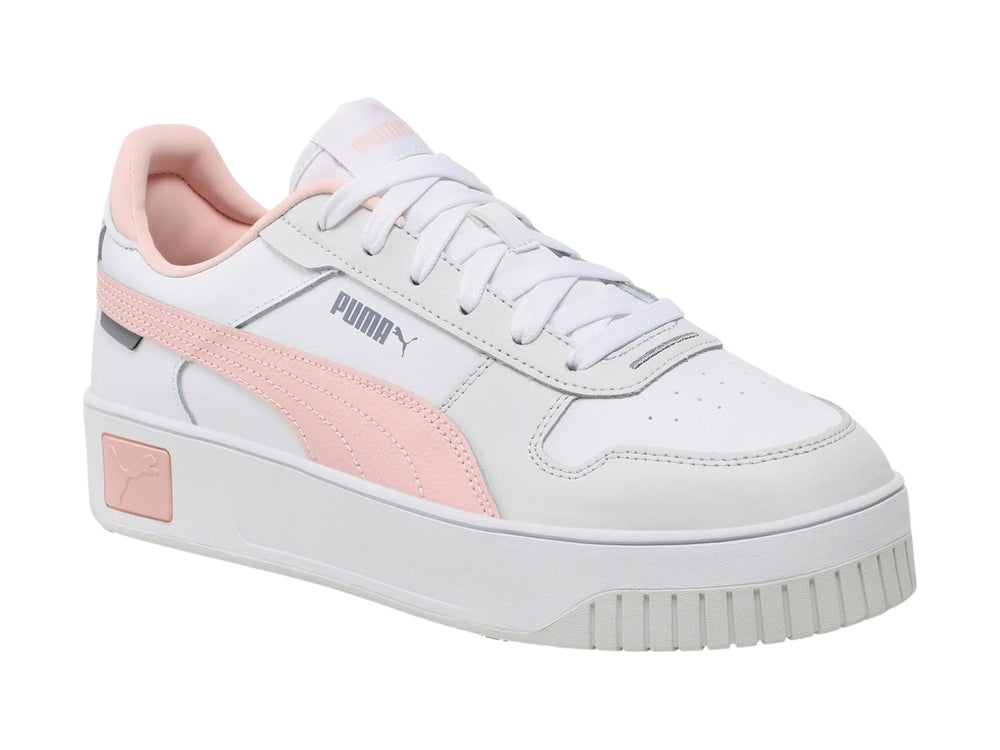 Tenis PUMA Carina Street en color blanco con detalles en rosa y gris, diseño de plataforma y suela gruesa.