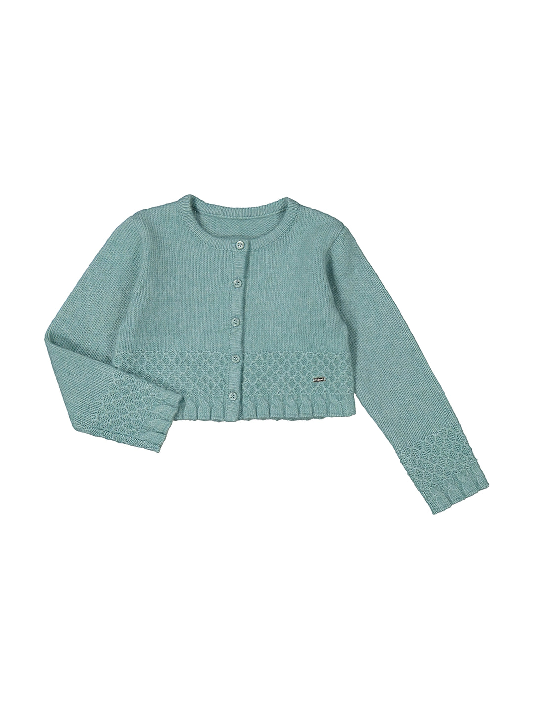 Suéter de tricot color jade para niños con botones frontales y detalles tejidos.