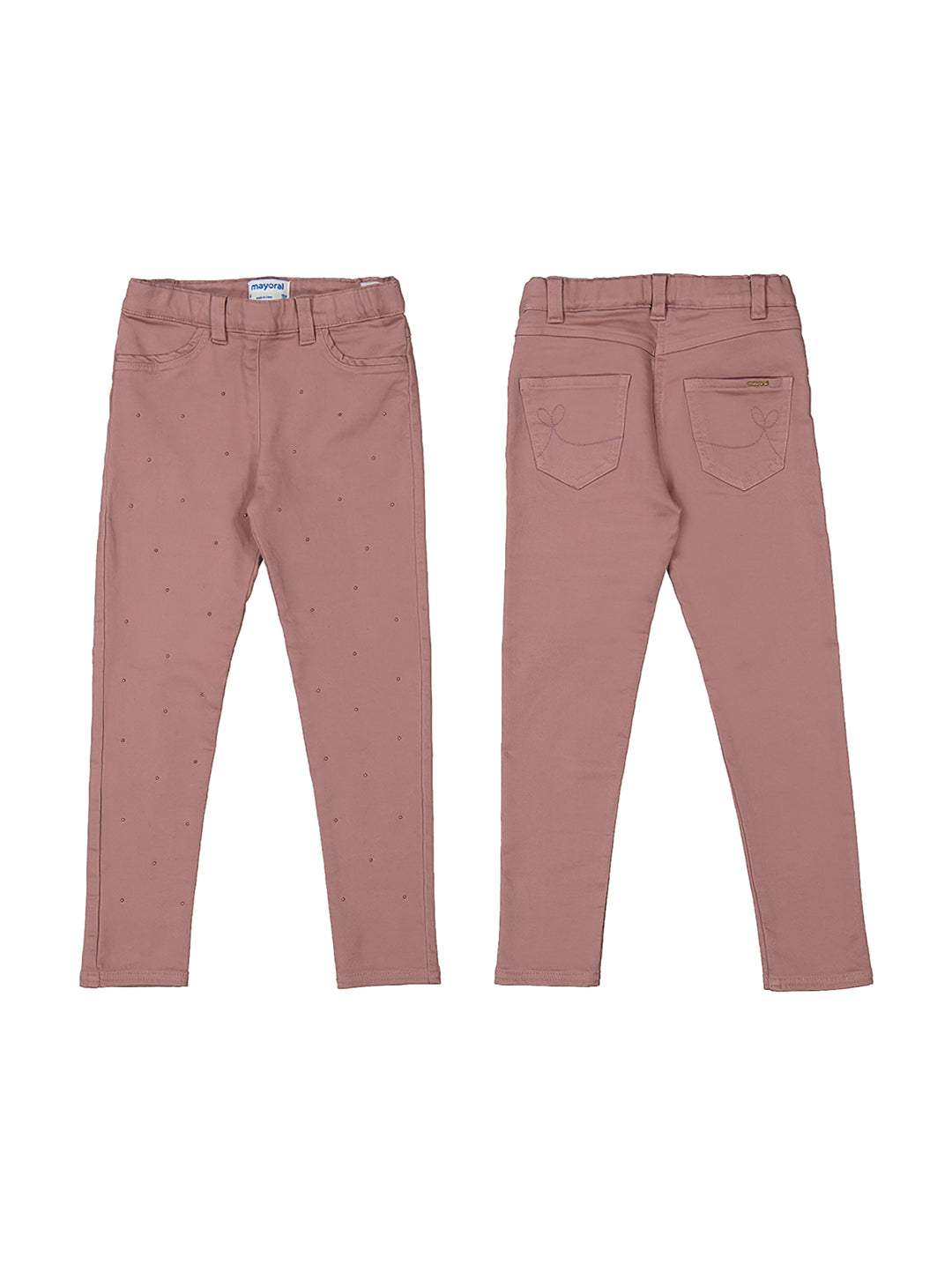 Pantalón rosado para niña con tachuelas decorativas en la parte frontal.