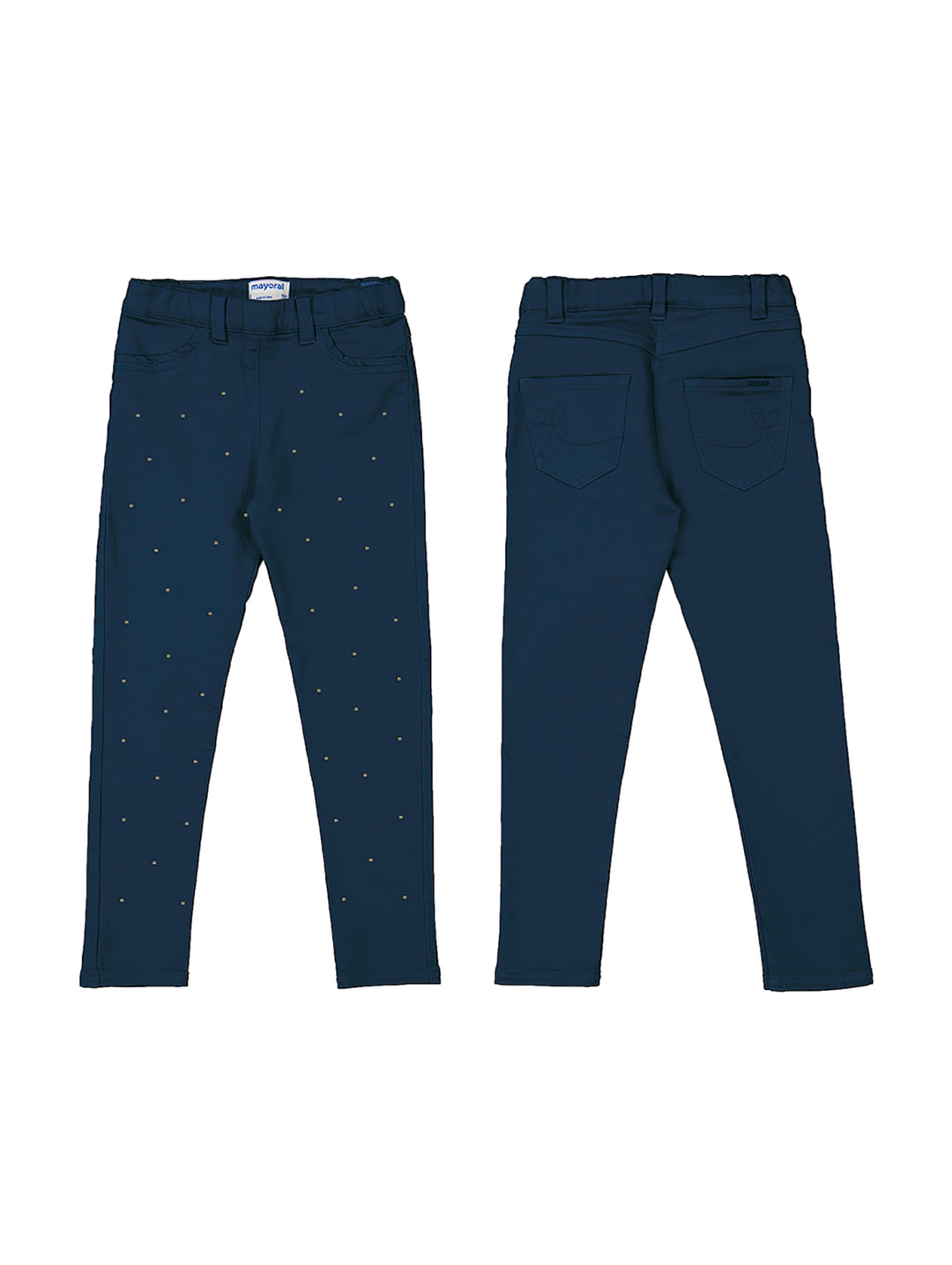 Pantalones azul marino para niña con detalles de tachuelas blancas en la parte frontal.