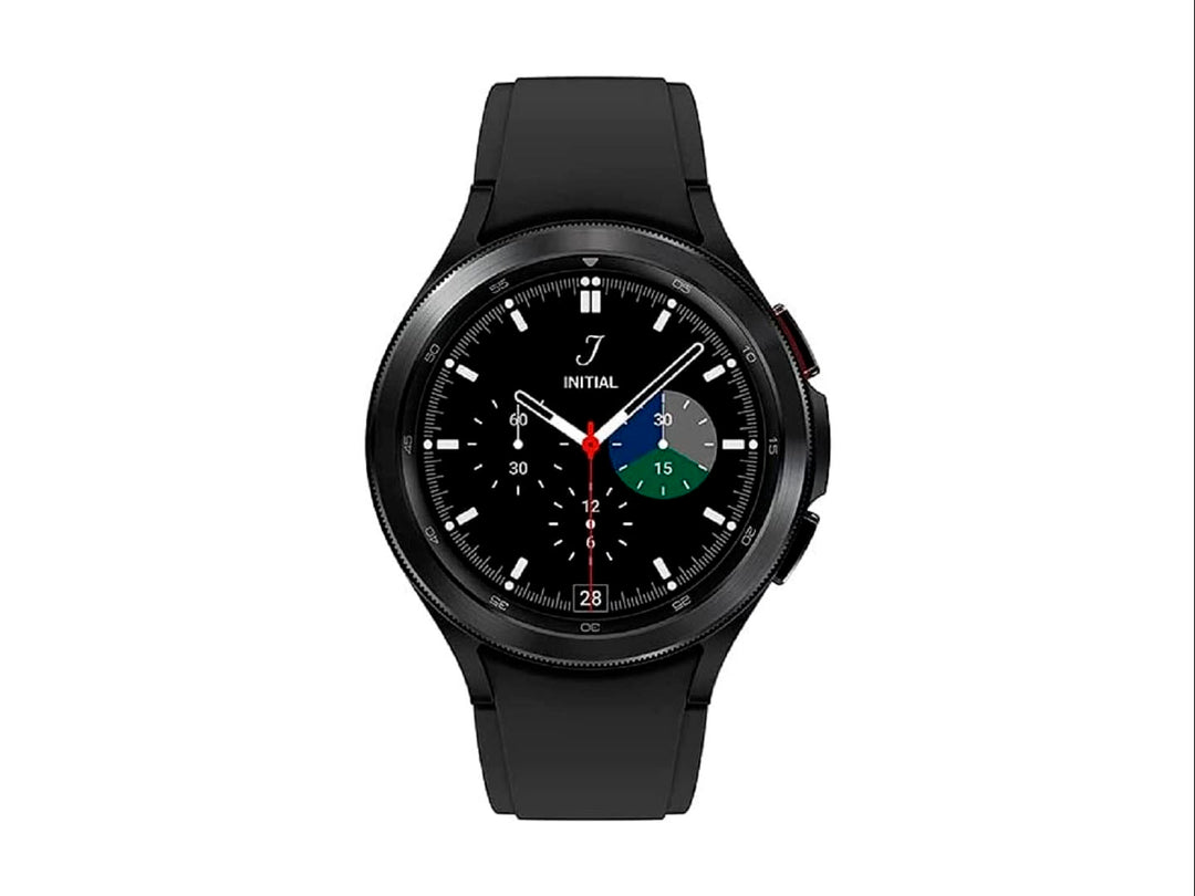 Reloj inteligente Samsung Galaxy Watch negro con pantalla circular y correa de silicona mate.