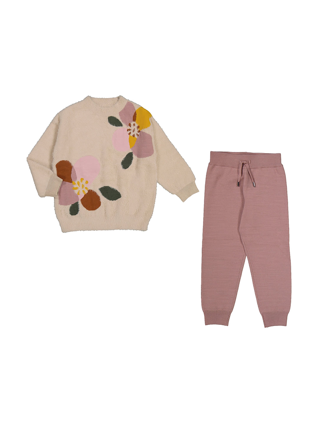 Conjunto infantil Mayoral con suéter beige con estampado floral y pantalón rosado.