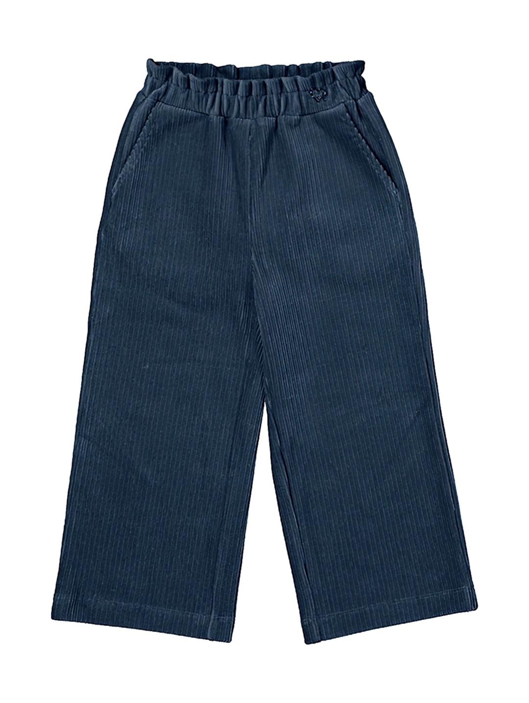 Pantalón infantil azul marino de pana con cintura elástica y corte ancho.