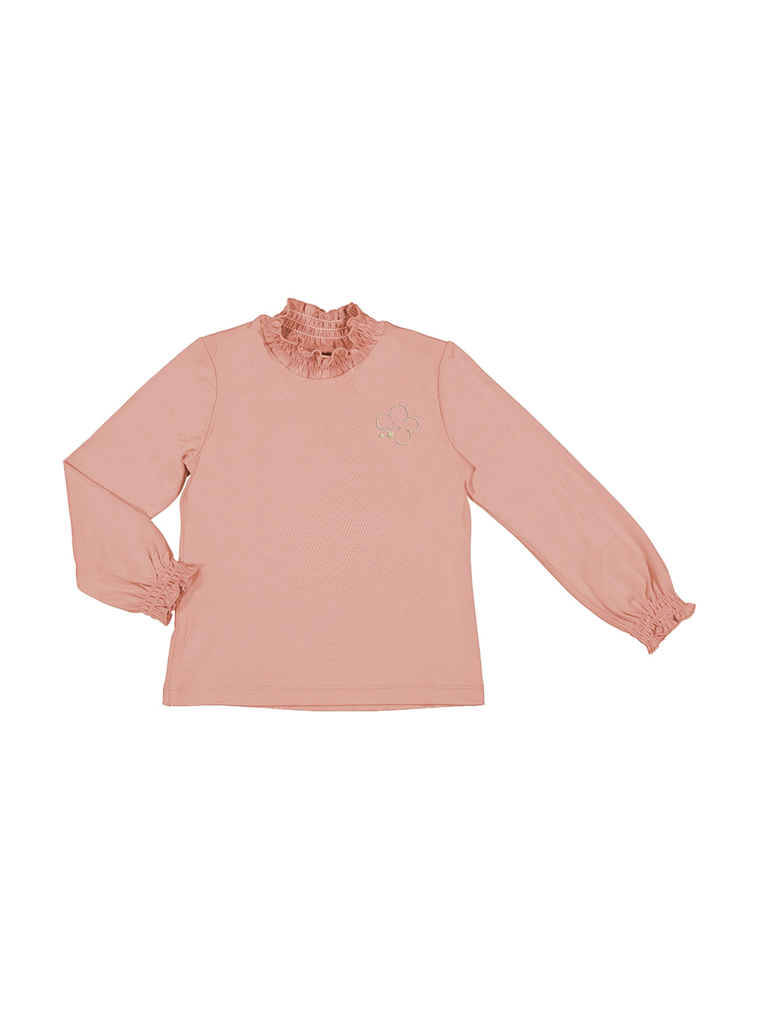 Camiseta rosada de manga larga para Niña con cuello y puños fruncidos y detalle floral en el pecho.