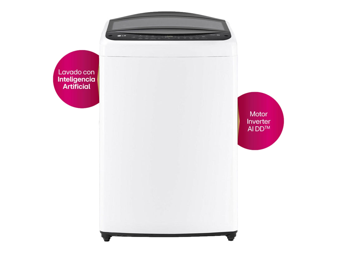 Lavadora LG de carga superior en color blanco con panel de control digital gris.