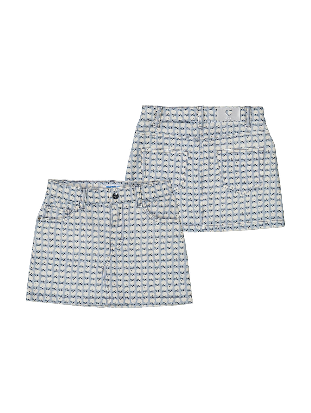 Falda celeste de pana estampada para niña, vista frontal y posterior.