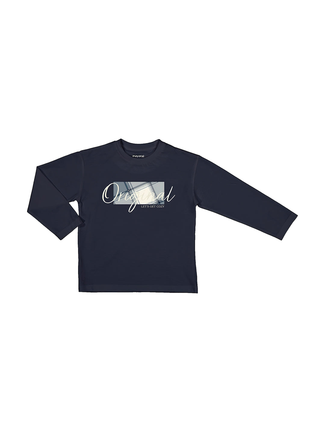 Camiseta de manga larga color azul marino para niño con estampado frontal en tonos blanco y gris.