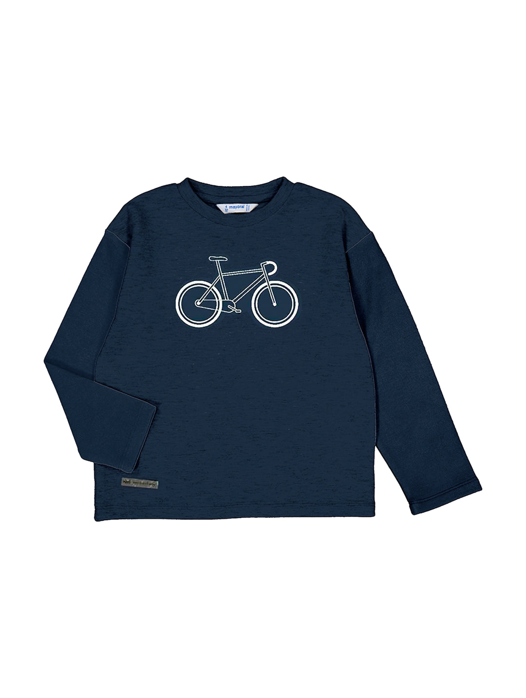 Camiseta de manga larga color azul marino con estampado blanco de una bicicleta en el pecho.