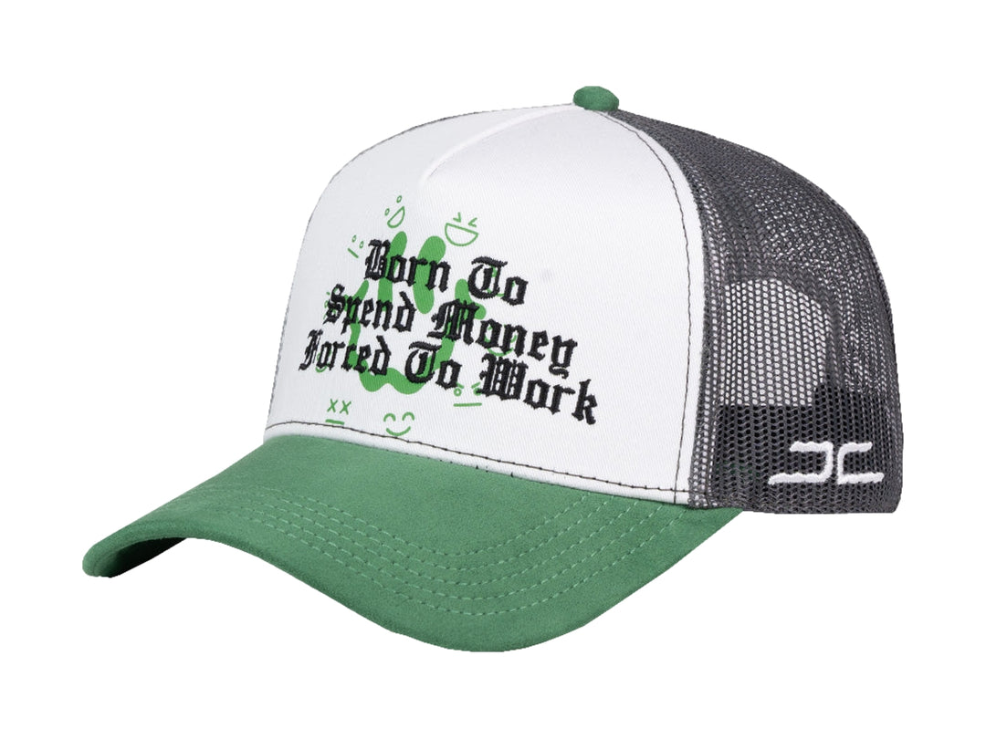 Gorra JC HATS blanca y verde con malla gris y texto &