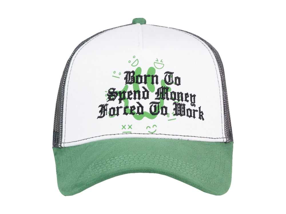 Gorra JC HATS blanca y verde con malla gris y texto 'Born To Spend Money Forced To Work' en el frente.