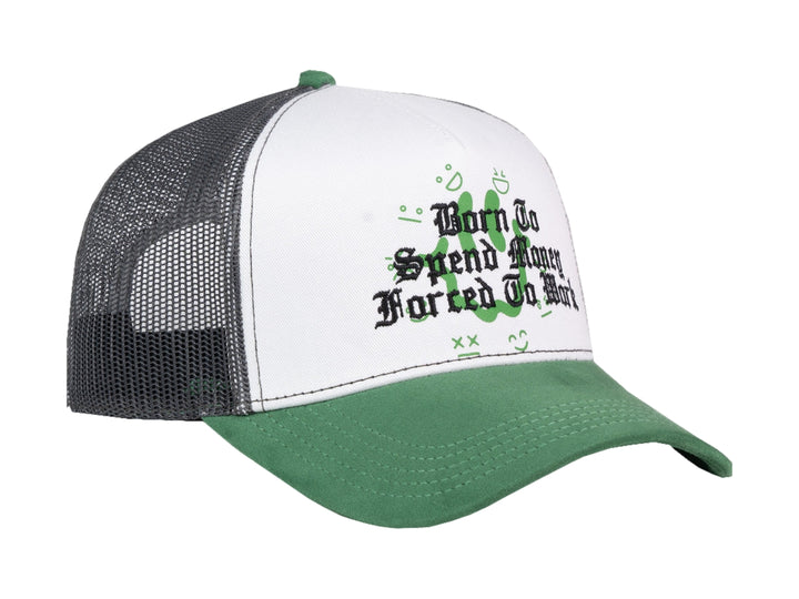 Gorra JC HATS blanca y verde con malla gris y texto &