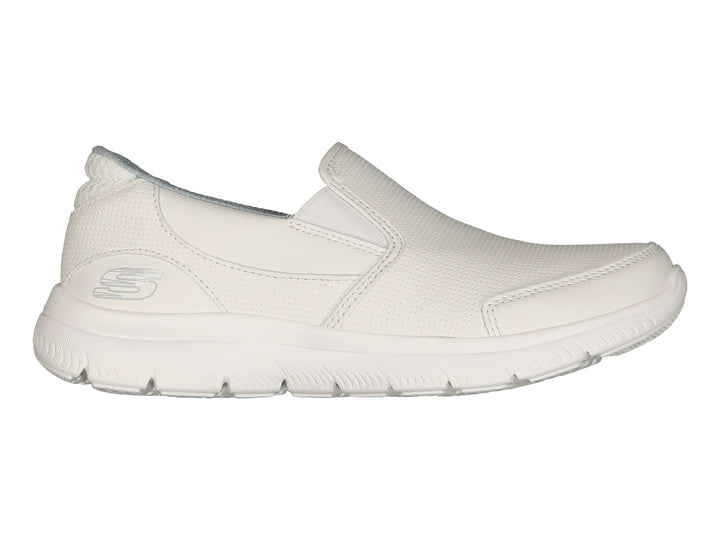 Zapato deportivo Skechers modelo Summits en color blanco, diseño slip-on sin cordones y suela blanca.