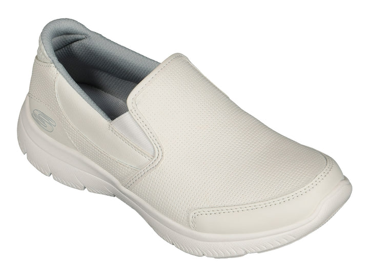 Zapato deportivo Skechers modelo Summits en color blanco, diseño slip-on sin cordones y suela blanca.