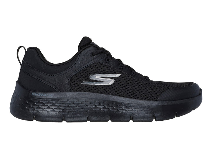 Tenis deportivos SKECHERS GO WALK FLEX en color negro con suela flexible y tejido de malla.