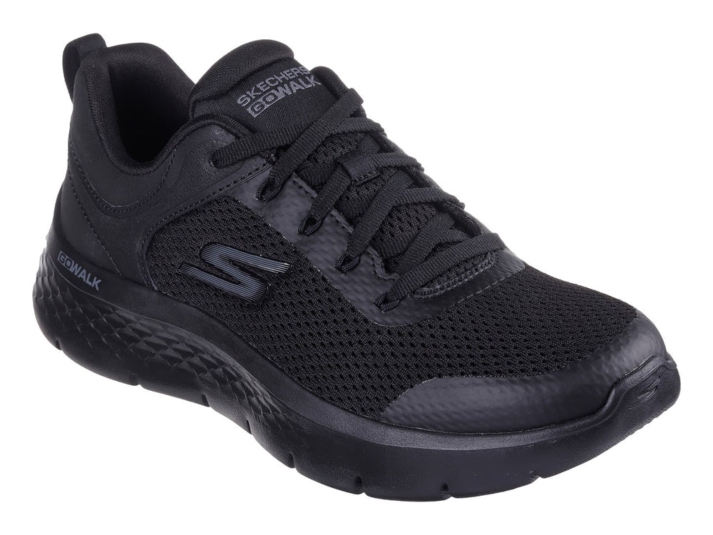 Tenis deportivos SKECHERS GO WALK FLEX en color negro con suela flexible y tejido de malla.