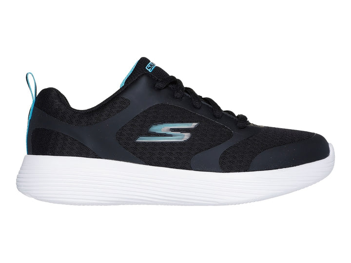 Tenis deportivos Skechers Go Run 400 V2 en color negro con suela blanca y detalles en azul.