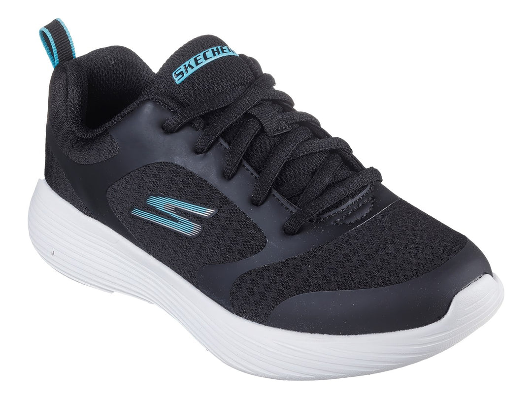 Tenis deportivos Skechers Go Run 400 V2 en color negro con suela blanca y detalles en azul.