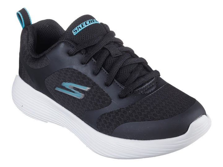 Tenis deportivos Skechers Go Run 400 V2 en color negro con suela blanca y detalles en azul.