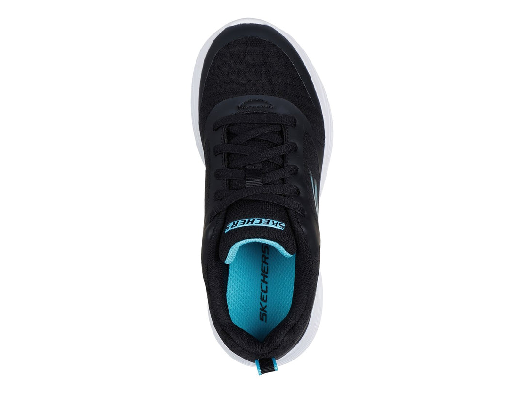 Tenis deportivos Skechers Go Run 400 V2 en color negro con suela blanca y detalles en azul.
