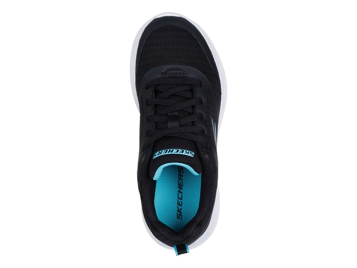 Tenis deportivos Skechers Go Run 400 V2 en color negro con suela blanca y detalles en azul.