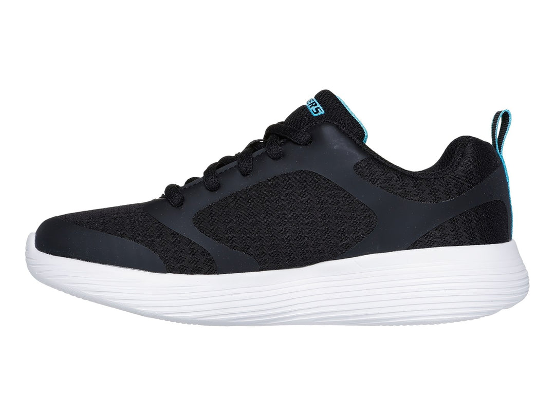 Tenis deportivos Skechers Go Run 400 V2 en color negro con suela blanca y detalles en azul.