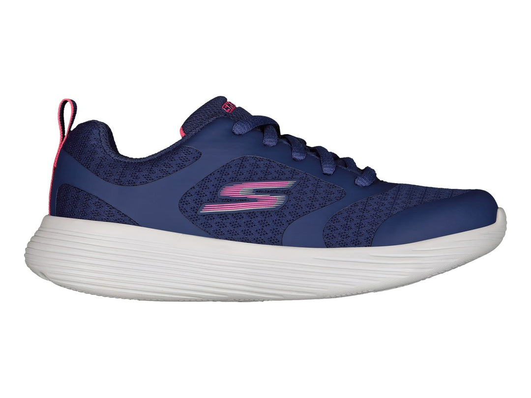 Tenis deportivos Skechers color azul con suela blanca y detalles en rosa.