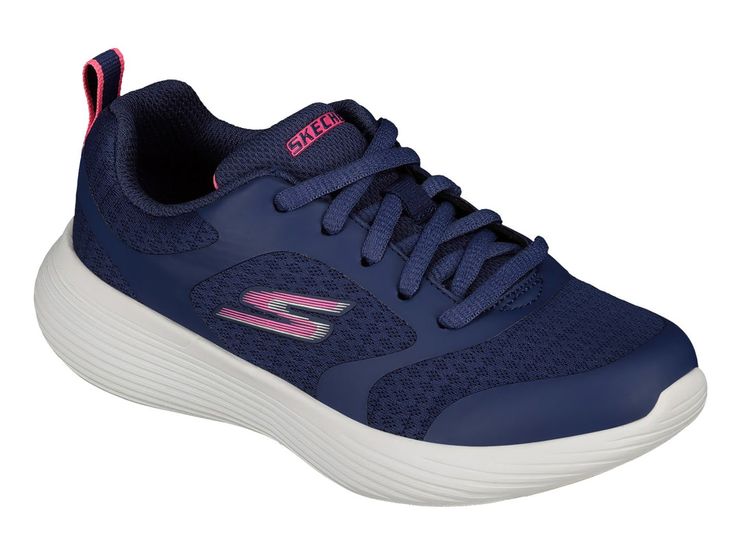 Tenis deportivos Skechers color azul con suela blanca y detalles en rosa.
