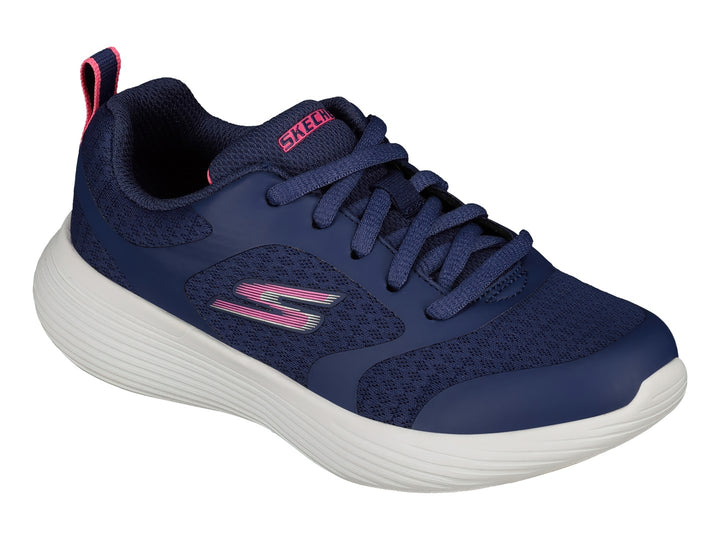 Tenis deportivos Skechers color azul con suela blanca y detalles en rosa.
