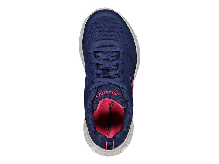 Tenis deportivos Skechers color azul con suela blanca y detalles en rosa.