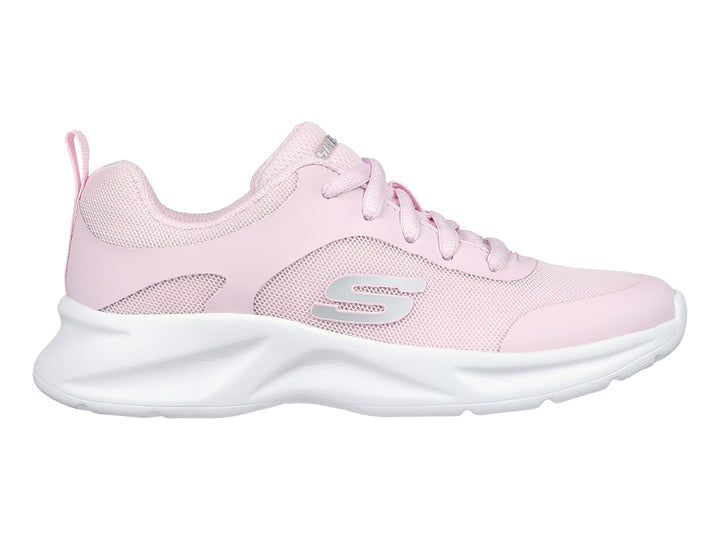 Tenis deportivos Skechers color rosa con suela blanca y tejido de malla.