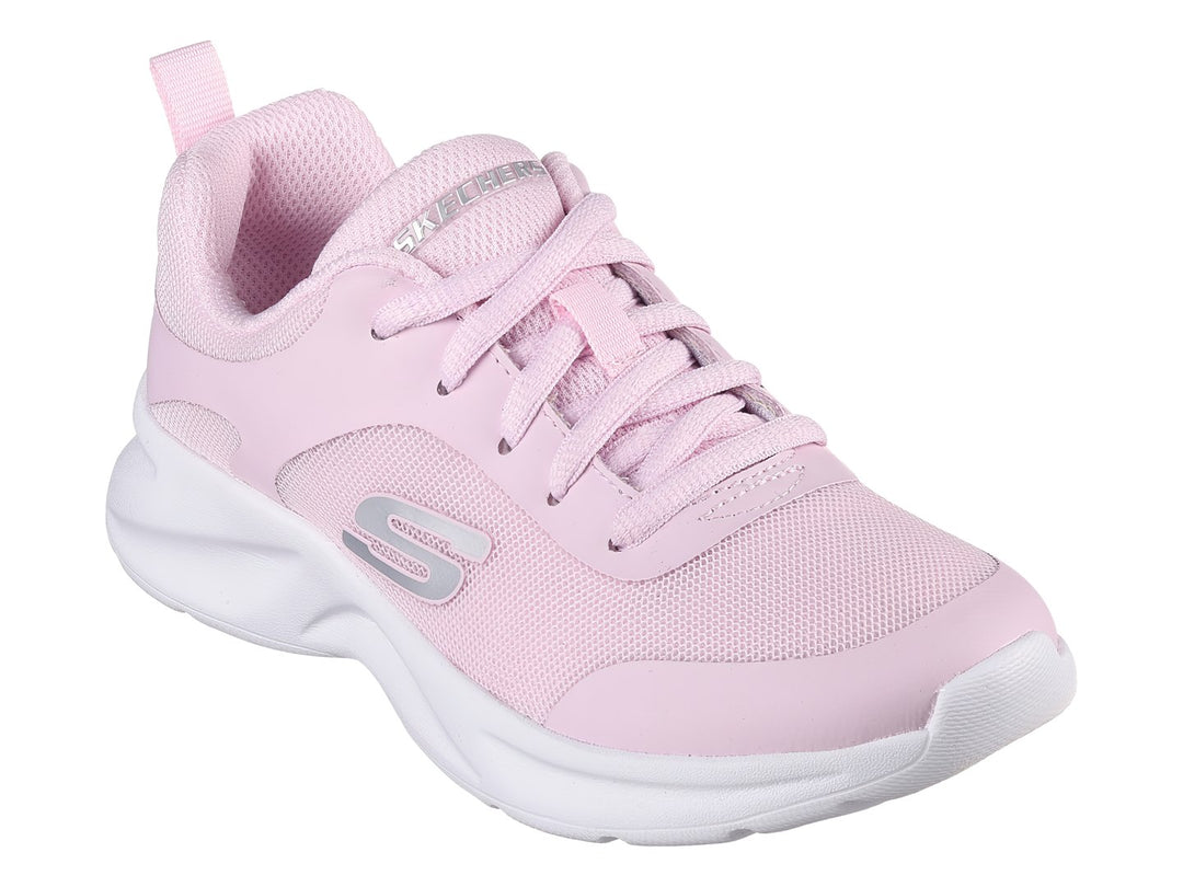 Tenis deportivos Skechers color rosa con suela blanca y tejido de malla.