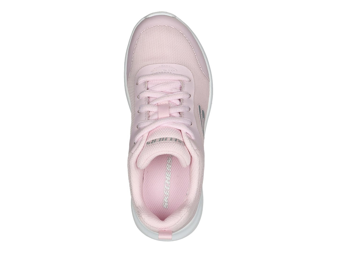 Tenis deportivos Skechers color rosa con suela blanca y tejido de malla.