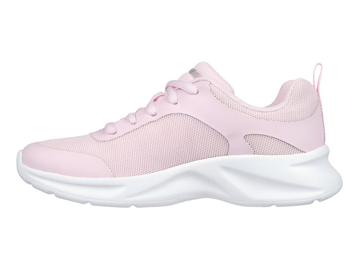 Tenis deportivos Skechers color rosa con suela blanca y tejido de malla.