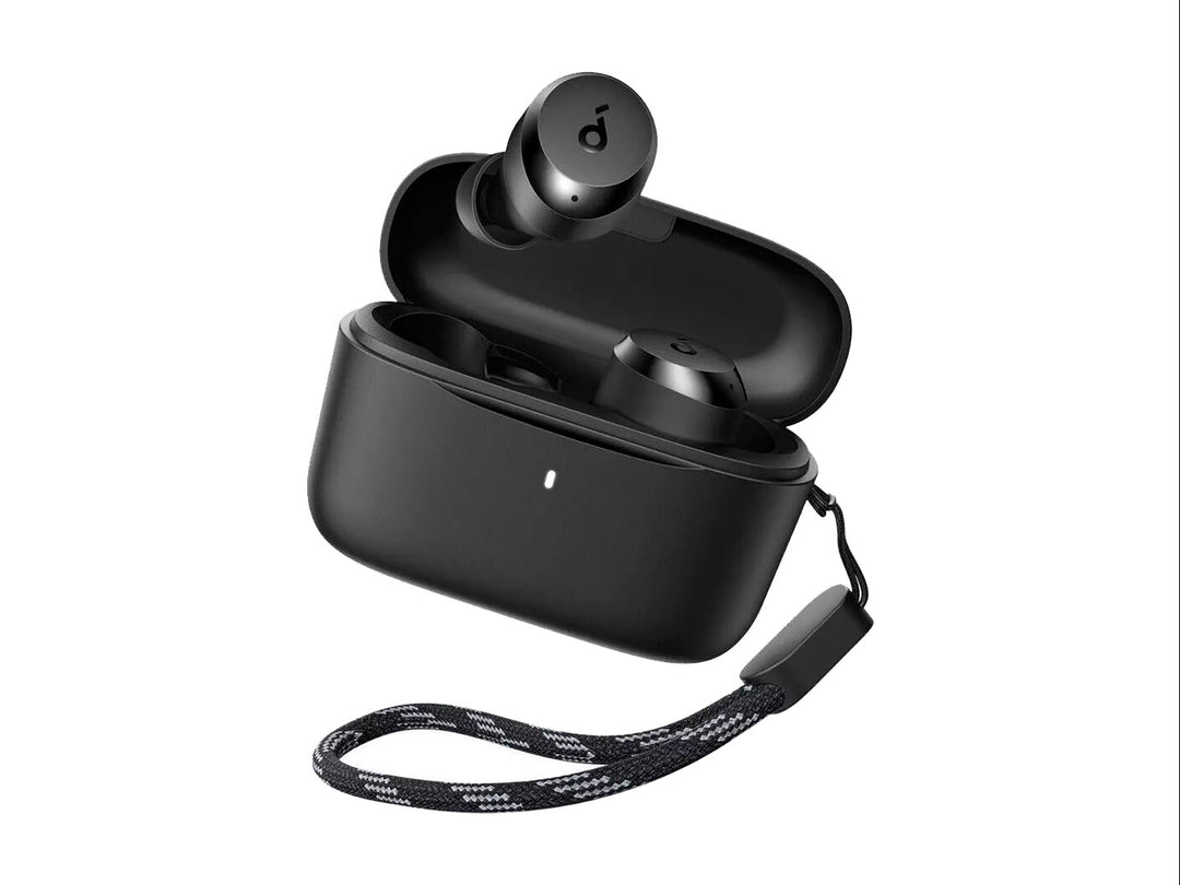 Audífonos inalámbricos Anker Soundcore color negro con su estuche de carga y correa integrada.