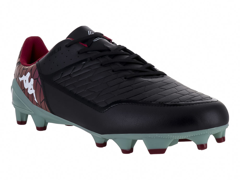 Zapato de fútbol Kappa color negro con suela verde Lodenfrost y detalles en morado.